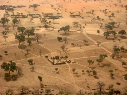 Aerial view of arid farmland in Mali with scattered trees and small traditional huts