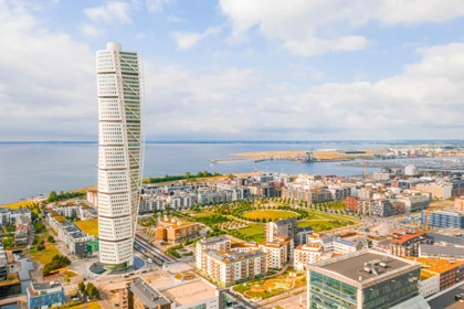 Aerial view of Malmö, Sweden, featuring the Turning Torso skyscraper and the surrounding modern cityscape by the waterfront