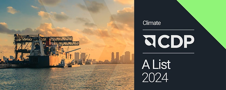 CDP Climate A List 2024 badge alongside a port scene at sunset, highlighting sustainability in global logistics