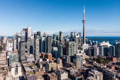 Toronto skyline featuring the CN Tower and modern high-rise buildings under a clear blue sky