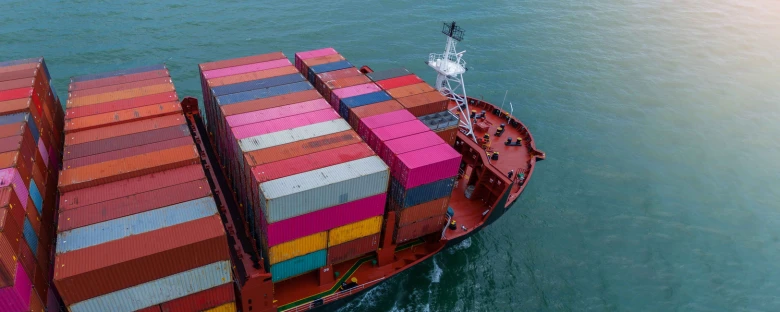 Container ship carrying colorful cargo containers across the ocean, representing Scan Global Logistics' sea freight services