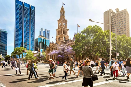 Busy street scene in Sydney with pedestrians crossing near the historic Sydney Town Hall and modern skyscrapers