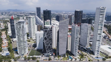Modern skyline of Guadalajara, Mexico, featuring sleek skyscrapers and contemporary architecture