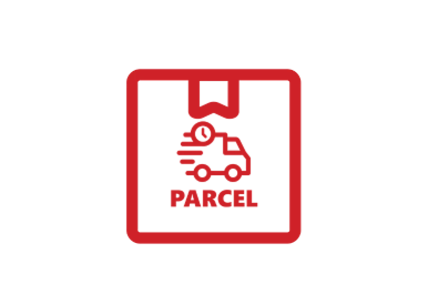 Red parcel icon with a delivery truck and the word 'Parcel' beneath it