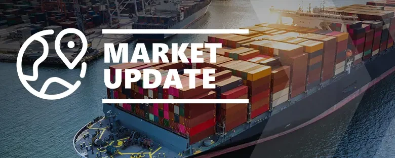 Market Update banner featuring a container ship loaded with cargo sailing from a port, with an icon of a globe and location pin
